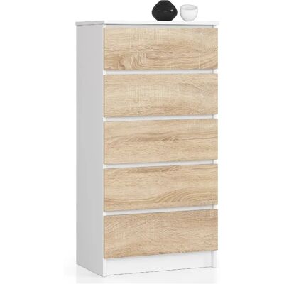 Akord commode 5 tiroirs - Blanc/chêne - Publicité Akord commode 5 tiroirs - Blanc/chêne - Publicité