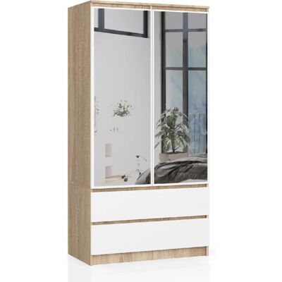 Akord Armoire 2 Portes 2 Tiroirs 2 Miroirs Chêne Sonoma Et Blanc 90X51X180 - Publicité Akord Armoire 2 Portes 2 Tiroirs 2 Miroirs Chêne Sonoma Et Blanc 90X51X180 - Publicité