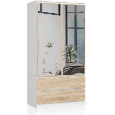 Akord Armoire 2 portes 2 tiroirs miroirs - Blanc - Publicité Akord Armoire 2 portes 2 tiroirs miroirs - Blanc - Publicité