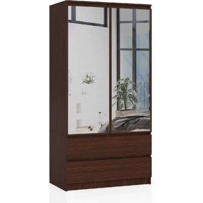 Akord Armoire 2 portes miroir et tiroirs - Wengé - Publicité Akord Armoire 2 portes miroir et tiroirs - Wengé - Publicité