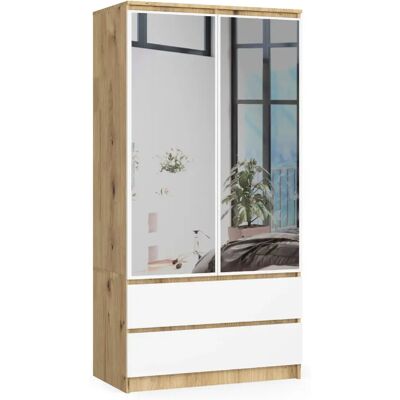 Akord Armoire 2 Portes 2 Tiroirs 2 Miroirs Chêne Artisan Et Blanc 90X51X180 - Publicité Akord Armoire 2 Portes 2 Tiroirs 2 Miroirs Chêne Artisan Et Blanc 90X51X180 - Publicité