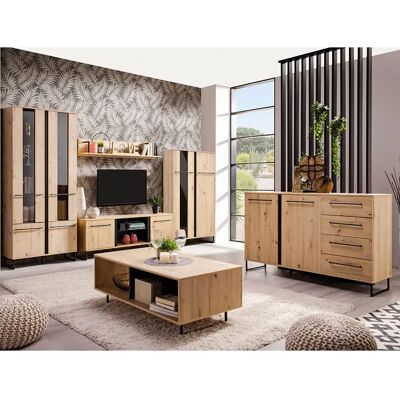 Pegane Ensemble salon avec 2 vitrine, meuble TV, étagère murale, buffet et table basse couleur chêne artisan / noir - Publicité Pegane Ensemble salon avec 2 vitrine, meuble TV, étagère murale, buffet et table basse couleur chêne artisan / noir - Publicité