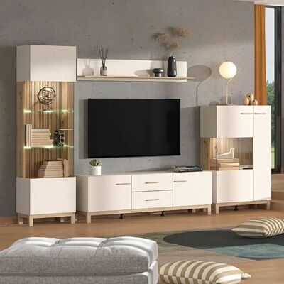 Pegane Ensemble salon avec 2 vitrine, meuble TV et buffet couleur beige / chêne artisan - Publicité Pegane Ensemble salon avec 2 vitrine, meuble TV et buffet couleur beige / chêne artisan - Publicité