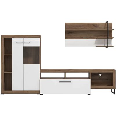 Pegane Ensemble TV avec vitrine, meuble TV et étagère couleur chêne / blanc brillant - Longueur 263 x profondeur 40 x hauteur 162,5 cm - Publicité Pegane Ensemble TV avec vitrine, meuble TV et étagère couleur chêne / blanc brillant - Longueur 263 x profondeur 40 x hauteur 162,5 cm - Publicité
