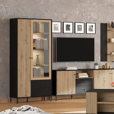 Pegane Ensemble salon avec vitrine, meuble TV et étagère murale couleur chêne artisan / chêne noir - Publicité Pegane Ensemble salon avec vitrine, meuble TV et étagère murale couleur chêne artisan / chêne noir - Publicité