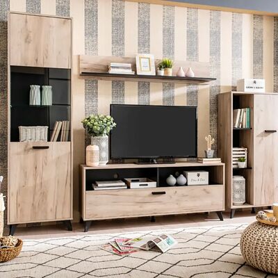 Pegane Ensemble salon avec 2 vitrines et meuble TV couleur chêne gris - Publicité Pegane Ensemble salon avec 2 vitrines et meuble TV couleur chêne gris - Publicité