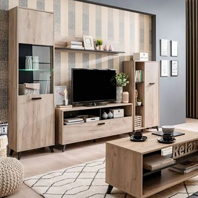 Pegane Ensemble salon avec 2 vitrines, meuble TV, buffet et table basse couleur chêne gris - Publicité Pegane Ensemble salon avec 2 vitrines, meuble TV, buffet et table basse couleur chêne gris - Publicité