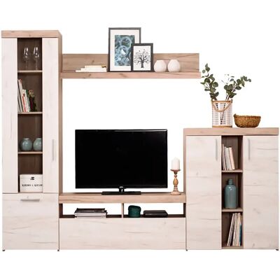 Pegane Ensemble TV avec vitrine, meuble TV, buffet et étagère couleur Chêne / Blanc - Longueur 262 x profondeur 35 x hauteur 195 cm - Publicité Pegane Ensemble TV avec vitrine, meuble TV, buffet et étagère couleur Chêne / Blanc - Longueur 262 x profondeur 35 x hauteur 195 cm - Publicité