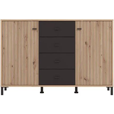 Pegane Buffet 2 portes 4 tiroirs couleur chêne artisan / noir - Longueur 138 x profondeur 40 x hauteur 90 cm - Publicité Pegane Buffet 2 portes 4 tiroirs couleur chêne artisan / noir - Longueur 138 x profondeur 40 x hauteur 90 cm - Publicité