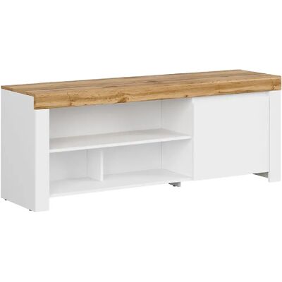 Pegane Meuble TV bas 1 porte - Blanc chêne - Publicité Pegane Meuble TV bas 1 porte - Blanc chêne - Publicité