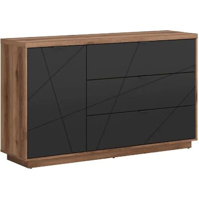 Pegane Commode buffet 1 porte 3 tiroirs - Chêne/noir - Publicité Pegane Commode buffet 1 porte 3 tiroirs - Chêne/noir - Publicité