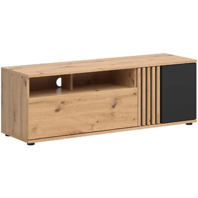 Pegane Meuble TV à 1 porte et tiroir avec décor lamelles,coloris Chêne artisan/Noir - Longueur 135,5 x Profondeur 40 x Hauteur 46,5 cm - Publicité Pegane Meuble TV à 1 porte et tiroir avec décor lamelles,coloris Chêne artisan/Noir - Longueur 135,5 x Profondeur 40 x Hauteur 46,5 cm - Publicité