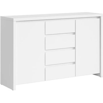 Pegane Commode buffet 2 portes 4 tiroirs - Blanc - Publicité Pegane Commode buffet 2 portes 4 tiroirs - Blanc - Publicité