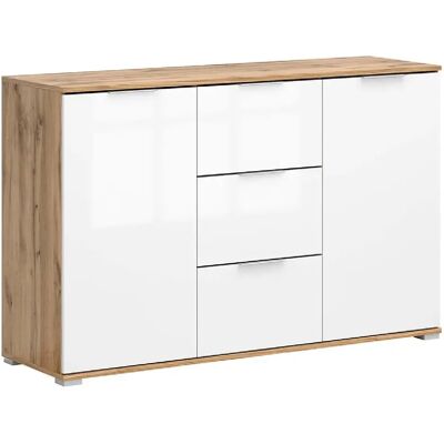 Pegane Commode 2 portes 3 tiroirs - Chêne wotan/blanc - Publicité Pegane Commode 2 portes 3 tiroirs - Chêne wotan/blanc - Publicité