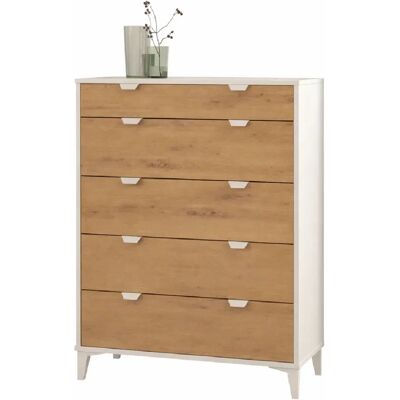 Pegane Commode Chiffonnier Meuble de rangement avec 5 tiroirs coloris Blanc/chêne Albar - Publicité Pegane Commode Chiffonnier Meuble de rangement avec 5 tiroirs coloris Blanc/chêne Albar - Publicité