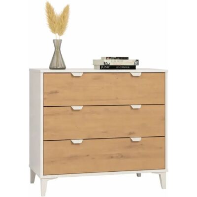 Pegane Commode, Meuble de rangement avec 3 tiroirs coloris Blanc/chêne Albar - Publicité Pegane Commode, Meuble de rangement avec 3 tiroirs coloris Blanc/chêne Albar - Publicité