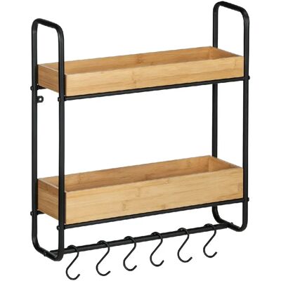Wenko Etagère murale Loft avec 2 tablettes et 6 crochets - en Métal et Bambou - Noir et marron - Publicité Wenko Etagère murale Loft avec 2 tablettes et 6 crochets - en Métal et Bambou - Noir et marron - Publicité