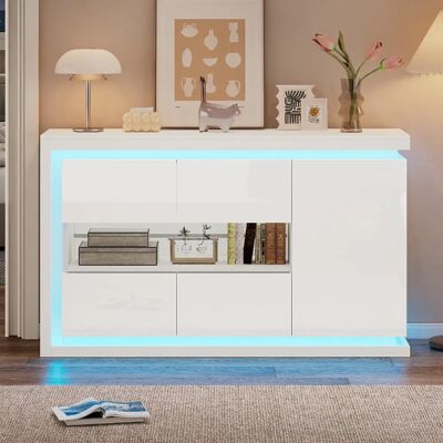 Merax Buffet H84 Cm-meuble à 4 Compartiments-LED-avec Portes En Verre Trempé-blanc - Publicité Merax Buffet H84 Cm-meuble à 4 Compartiments-LED-avec Portes En Verre Trempé-blanc - Publicité