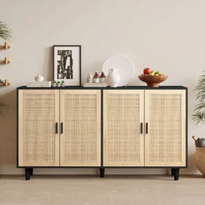 Merax Buffet de rangement 158 Cm-En rotin à 4 Portes-Pour chambre, salon, bureau-Noir et Bois - Publicité Merax Buffet de rangement 158 Cm-En rotin à 4 Portes-Pour chambre, salon, bureau-Noir et Bois - Publicité
