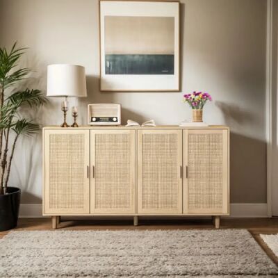 Merax Buffet de rangement 158 cm-En rotin à 4 portes-Pour Chambre, Salon, Bureau-Bois - Publicité Merax Buffet de rangement 158 cm-En rotin à 4 portes-Pour Chambre, Salon, Bureau-Bois - Publicité