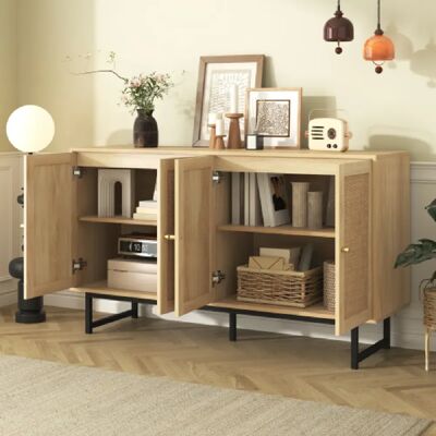 Merax Buffet 140x39,5x80 Cm-en Rotin Véritable Tressé,-rangement Spacieux-4 Portes -naturel - Publicité Merax Buffet 140x39,5x80 Cm-en Rotin Véritable Tressé,-rangement Spacieux-4 Portes -naturel - Publicité
