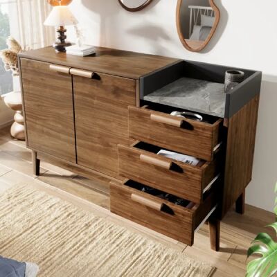 Merax Buffet De Salon Décor Chêne-plateau Effet Marbre-étagère Ouverte-Rangement Adjustable - Publicité Merax Buffet De Salon Décor Chêne-plateau Effet Marbre-étagère Ouverte-Rangement Adjustable - Publicité