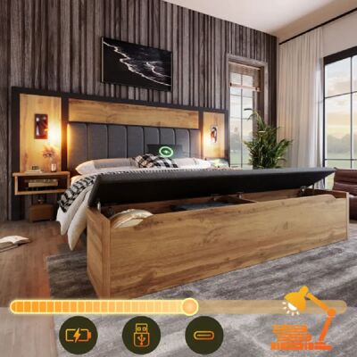Merax Lit Double 180×200cm-Lampe De Lecture-usb/type-c-table De Chevet Et Banc-en Bois-naturel - Publicité Merax Lit Double 180×200cm-Lampe De Lecture-usb/type-c-table De Chevet Et Banc-en Bois-naturel - Publicité