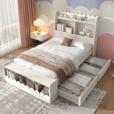 Merax Lit Enfant 90x200 Cm-lit Simple-avec Tiroirs, Étagère-lit En Bois-blanc Finition Chêne - Publicité Merax Lit Enfant 90x200 Cm-lit Simple-avec Tiroirs, Étagère-lit En Bois-blanc Finition Chêne - Publicité