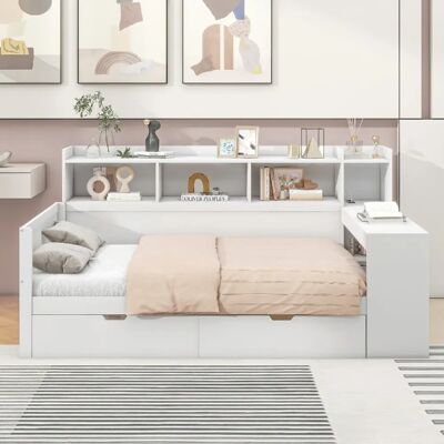 Merax Lit Enfant Avec 2 Tiroirs-table De Chevet Et Rangement Sous-table-port USB-blanc - Publicité Merax Lit Enfant Avec 2 Tiroirs-table De Chevet Et Rangement Sous-table-port USB-blanc - Publicité