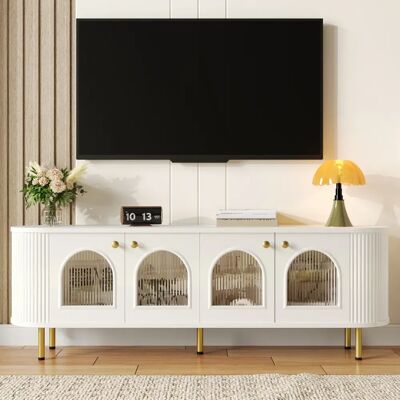 modfu Meuble TV blanc et or 170x35x55 cm, 4 portes en verre - Publicité modfu Meuble TV blanc et or 170x35x55 cm, 4 portes en verre - Publicité