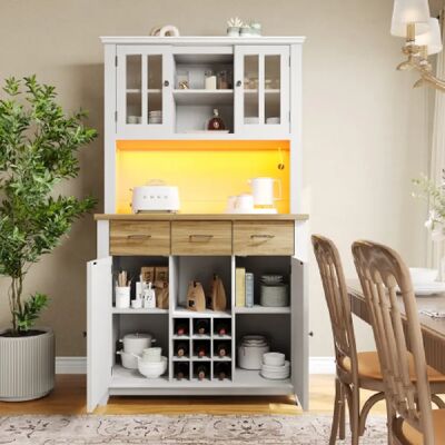 Merax Buffet De Cuisine-meuble De Cuisine-armoire Haute-avec Éclairage LED-Blanc Et Bois - Publicité Merax Buffet De Cuisine-meuble De Cuisine-armoire Haute-avec Éclairage LED-Blanc Et Bois - Publicité