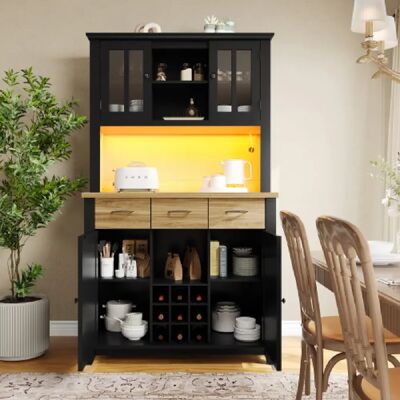 Merax Buffet De Cuisine-meuble De Cuisine H179,5cm-armoire Haute-avec Éclairage LED-noir Et Bois - Publicité Merax Buffet De Cuisine-meuble De Cuisine H179,5cm-armoire Haute-avec Éclairage LED-noir Et Bois - Publicité