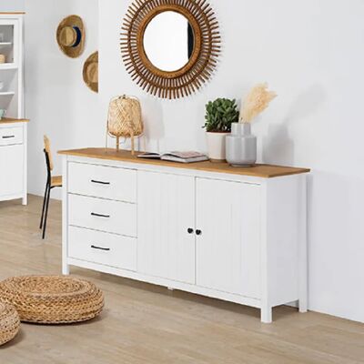 Mes Buffet 2 portes 3 tiroirs 150x40x80 cm blanc et naturel - BLUZA - Publicité Mes Buffet 2 portes 3 tiroirs 150x40x80 cm blanc et naturel - BLUZA - Publicité