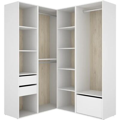 Pegane Armoire d'angle dressing ouvert avec 2 penderies, 2 tiroirs, et 1 porte chaussures - Publicité Pegane Armoire d'angle dressing ouvert avec 2 penderies, 2 tiroirs, et 1 porte chaussures - Publicité