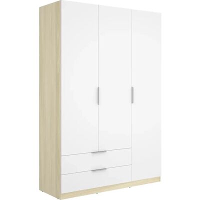 Pegane Armoire placard de rangement à 3 portes battantes et 2 tiroirs, coloris blanc/Chêne clair - Publicité Pegane Armoire placard de rangement à 3 portes battantes et 2 tiroirs, coloris blanc/Chêne clair - Publicité