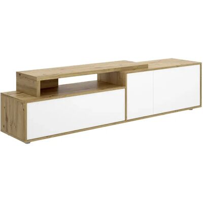 Pegane Meuble TV bas avec 3 portes et 1 étagère ouverte, coloris chêne sonoma/blanc - Publicité Pegane Meuble TV bas avec 3 portes et 1 étagère ouverte, coloris chêne sonoma/blanc - Publicité