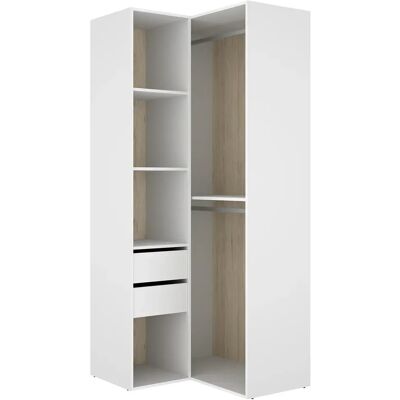 Pegane Armoire d'angle dressing ouverte avec penderie de 2 tringles, 4 étagères et 2 tiroirs - Publicité Pegane Armoire d'angle dressing ouverte avec penderie de 2 tringles, 4 étagères et 2 tiroirs - Publicité