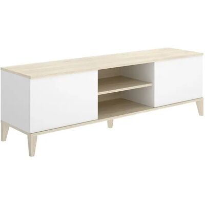 Pegane Meuble TV bas avec 2 portes abattante et 2 niches centrales, coloris naturel/blanc - Publicité Pegane Meuble TV bas avec 2 portes abattante et 2 niches centrales, coloris naturel/blanc - Publicité