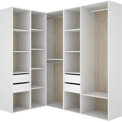 Pegane Armoire d’angle dressing ouverte avec 2 penderies, 4 tiroirs et étagères de rangement - Publicité Pegane Armoire d’angle dressing ouverte avec 2 penderies, 4 tiroirs et étagères de rangement - Publicité