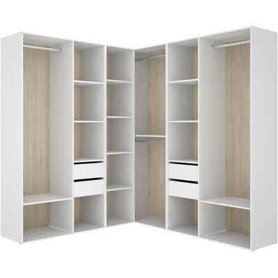 Pegane Armoire d’angle dressing ouverte avec 3 penderies, 4 tiroirs et étagères de rangement - Publicité Pegane Armoire d’angle dressing ouverte avec 3 penderies, 4 tiroirs et étagères de rangement - Publicité