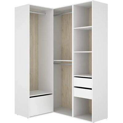 Pegane Armoire d'angle dressing ouverte avec 2 penderies, 4 étagères et 1 porte chaussures - Publicité Pegane Armoire d'angle dressing ouverte avec 2 penderies, 4 étagères et 1 porte chaussures - Publicité