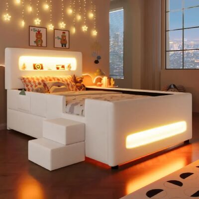 Merax Lit Plateforme Capitonné 90 X 200 Cm-lit Enfant LED Avec Escalier, Tiroirs-port USB-blanc - Publicité Merax Lit Plateforme Capitonné 90 X 200 Cm-lit Enfant LED Avec Escalier, Tiroirs-port USB-blanc - Publicité
