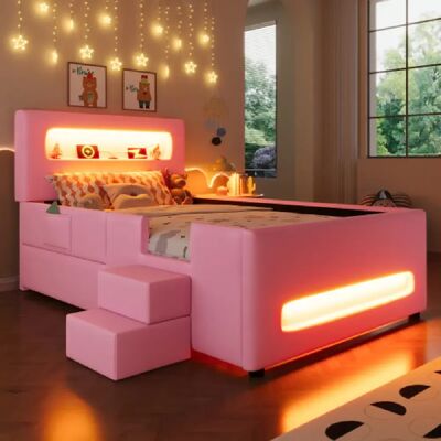Merax Lit Plateforme Capitonné 90 X 200 Cm-lit Enfant LED Avec Escalier, Tiroirs-port USB-rose - Publicité Merax Lit Plateforme Capitonné 90 X 200 Cm-lit Enfant LED Avec Escalier, Tiroirs-port USB-rose - Publicité