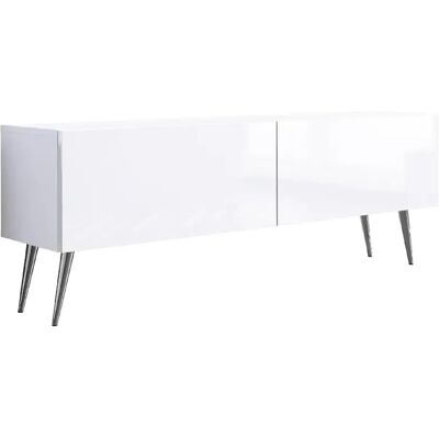3XELIVING Meuble TV : Blanc Mat / Blanc Brillant, pieds Chrome, 140 x 52 x 32 cm - Publicité 3XELIVING Meuble TV : Blanc Mat / Blanc Brillant, pieds Chrome, 140 x 52 x 32 cm - Publicité