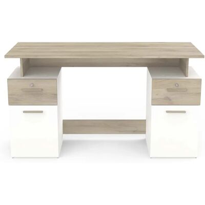 Pegane Bureau meuble de rangement 2 tiroirs 2 portes couleur chêne / blanc mat - Largeur 134,8 x Profondeur 55 x Hauteur 76,4 cm - Publicité Pegane Bureau meuble de rangement 2 tiroirs 2 portes couleur chêne / blanc mat - Largeur 134,8 x Profondeur 55 x Hauteur 76,4 cm - Publicité