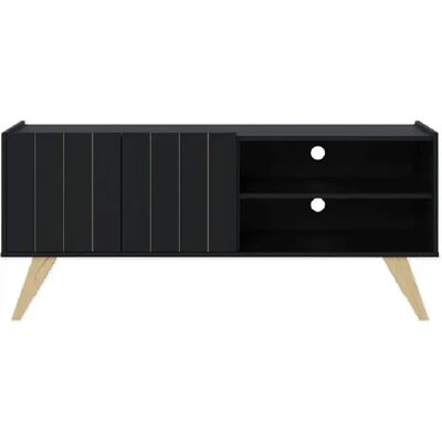 Pegane Meuble TV coloris noir avec portes et étagères ouvertes pieds en chêne vieilli - Longueur 136 x Hauteur 59 x Profondeur 36 cm - Publicité Pegane Meuble TV coloris noir avec portes et étagères ouvertes pieds en chêne vieilli - Longueur 136 x Hauteur 59 x Profondeur 36 cm - Publicité