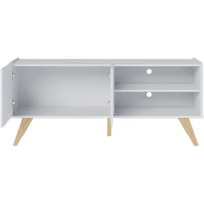 Pegane Meuble TV coloris blanc avec portes et étagères ouvertes pieds en chêne vieilli - Longueur 136 x Hauteur 59 x Profondeur 36 cm - Publicité Pegane Meuble TV coloris blanc avec portes et étagères ouvertes pieds en chêne vieilli - Longueur 136 x Hauteur 59 x Profondeur 36 cm - Publicité