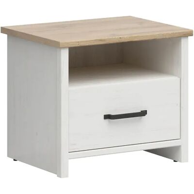 Pegane Table de chevet Table de nuit avec tiroir , coloris Blanc pin andersen/Chêne clair - Longueur 55 x Profondeur 42,5 x Hauteur 47,5 cm - Publicité Pegane Table de chevet Table de nuit avec tiroir , coloris Blanc pin andersen/Chêne clair - Longueur 55 x Profondeur 42,5 x Hauteur 47,5 cm - Publicité