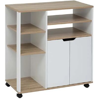 Pegane Desserte de cuisine avec roulettes, étagères et placard à 2 portes, coloris chêne/blanc - Longueur 76 x Profondeur 39,5 x Hauteur 85 cm - Publicité Pegane Desserte de cuisine avec roulettes, étagères et placard à 2 portes, coloris chêne/blanc - Longueur 76 x Profondeur 39,5 x Hauteur 85 cm - Publicité