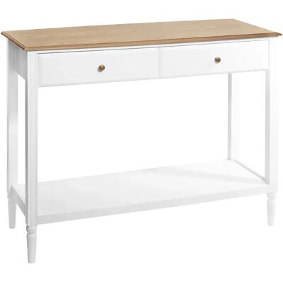 Pegane Meuble d'entrée Console 2 tiroirs coloris blanc et bois - Longueur 110 x Profondeur 40 x Hauteur 85cm - Publicité Pegane Meuble d'entrée Console 2 tiroirs coloris blanc et bois - Longueur 110 x Profondeur 40 x Hauteur 85cm - Publicité